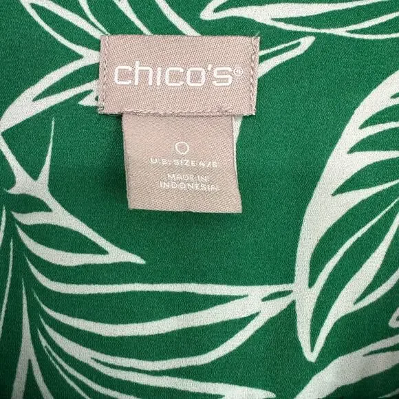 Chicos Tie-Front Green Palm V-Neck Tropical Blouse Green Sz 0 US 4/6 Small - Picture 3 of 11